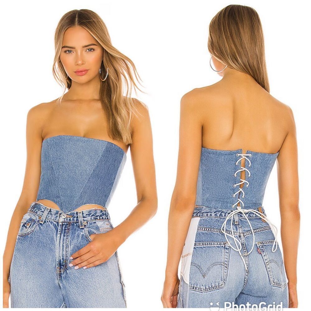 SAMI MIRO VINTAGE Alpha Strapless Upcycled Denim Corset Size Small